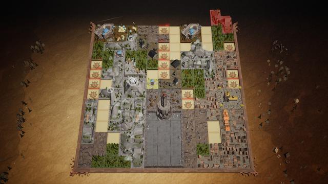 The last board, after the battle is complete.  The "Dungeon" boss sits in the middle bottom of the board.  The tiles show swamps, mountains, and forests, but the layout is quite frankly a mess with lots of empty spaces.  My city is mainly on the right.  Two "fortresses", which gain troops from borders and empty spaces, sit at the top of the board.