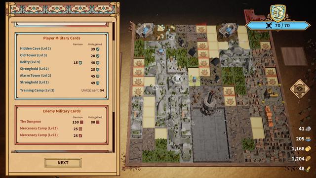 The military synopsis of the final board:

39 swordsmen from the Hidden Cave (connected forests and mountains)
20 swordsmen from the Old Tower (adjacent mountains)
45 axemen from the Belfry (generated by forests and mountains on city borders)
28 archers from a Stronghold (borders and empty space)
45 axemen from an Alarm Tower (enemy military on the same row or column)
49 archers from another Stronghold

vs

150 untyped garrison in the Dungeon, 80 more gained from "traps" (placing pieces on a marked square)
25 archers from Mercenary Camp
25 swordsmen from Mercenary Camp

The rock-paper-scissors order gives a 50% bonus, it is Swordsmen beat Archers beat Axeman beat Swordsmen.