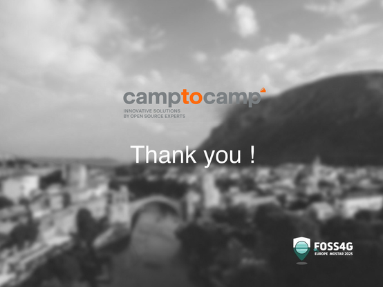 A graphic introducing Camptocamp as a Supporter of FOSS4GE 2025.