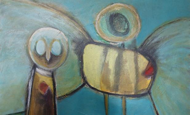 Two unrealistic, mystic figure, guardians on blue background-
Acrylicpainting on canvas.
