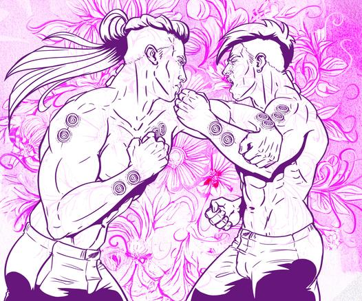 Purple ink drawing on textured water colour paper. Lots of Art Nouveau-like flowers in the back. In the front two Astartes fighting/boxing. They are naked to the waist and are in very close combat.