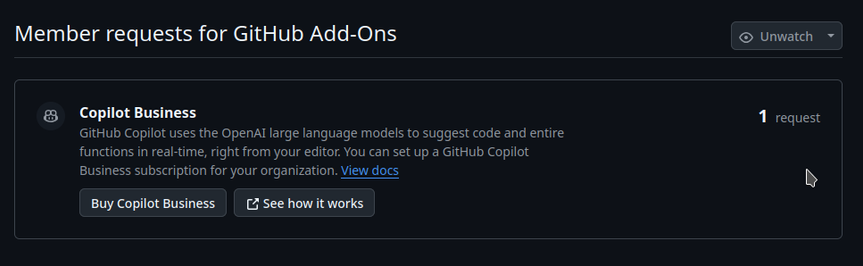 A screenshot of Github's organisation "member request" setting page, which tells the organisation's owner that one member has requested a Copilot license, without showing that user's name and the only further options is to buy a business license or go to youtube to watch a promotional video.