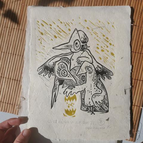 Même lino, version vert /jaune pour les boules et l'oeuf