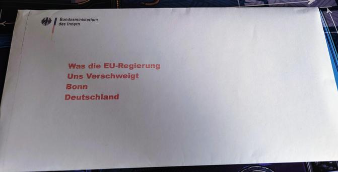 Briefumschlag mit dem Logo des Bundesministerium des Inneren oben links und im Adressfeld "Was die EU Regierung uns verschweigt, Bonn, Deutschland"