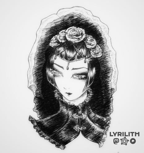 Portrait drawing in black pen. A young woman in a romantic goth attire. Her long hair is back combed and decorated by a veil and a rose headband. Her straight bangs are adorned with beads dripping from her headdress. She is looking away to the side, slightly downwards. Around her neck is a high closed collar with ruffles draping down to her shoulders.