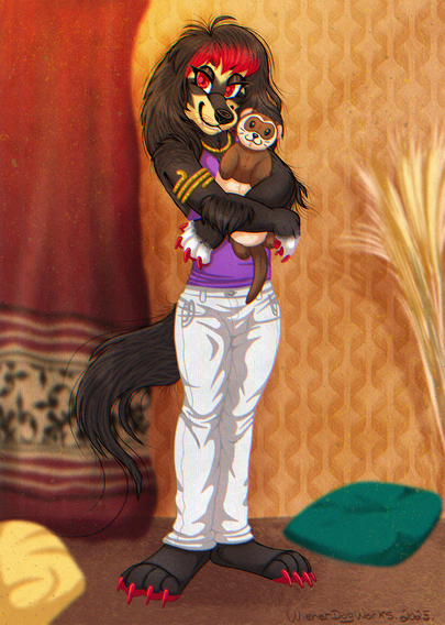 A male anthropomorphic English springer spaniel dog is standing in a retro 1970s themed room. He is wearing a purple tank top and tight white pants. He's looking at the viewer with a flirty expression, and holding a ferret plush in his arms. There's grain effects on the image to give the visual effect of it being an old photograph.