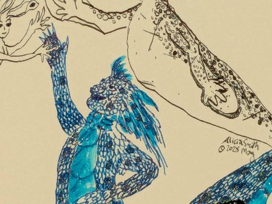 Head detail of a spotted, quite reptilian merperson high fives two previous merfolk. This is a mix of blues, a sheen of purple, and very sparkly gold.