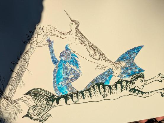 Spotted, quite reptilian merperson high fives two previous merfolk. This is a mix of blues, a sheen of purple, and very sparkly gold.