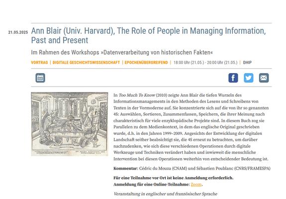 Screenshot der Vortragsankündigung von Ann Blair, The Role of People in Managing Information, Past and Present