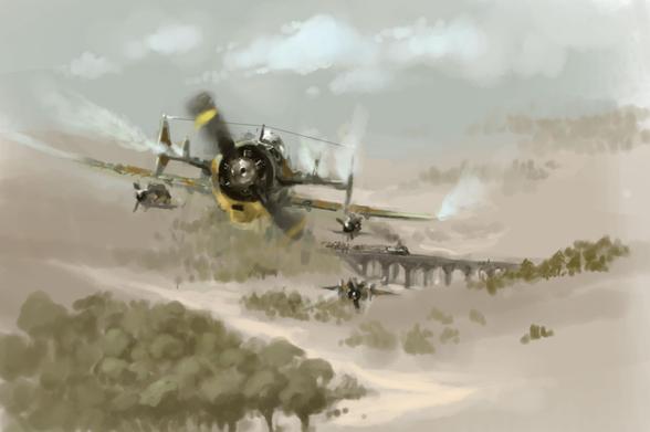 Digital painting of Pusher Airplane on bombing approach to rail bridge