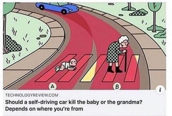 Should a self-driving car kill the baby or the grandma? Depends where you're from. Picture of a car hurtling towards both parties.