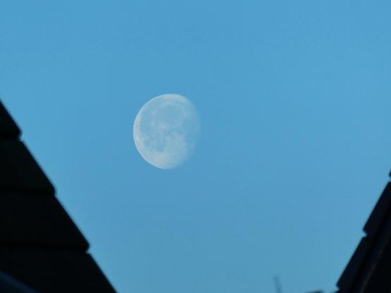 Die fast volle weiße Kugel des abnehmenden Vollmonds, darauf blassblau Krater und die Mares, der Himmel ist hellblau, in den Bildecken links unten und rechts unten schwarz und unscharf im Vordergrund die Schrägen von Dachfirsten mit den Umrissen von Ziegeln