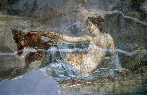 This fresco is delicately coloured with a range of blue tones in the background which are enhanced by the fact that Hermaphrodite wears a blue gown that is loosely draped over their left arm and lower body. Hermaphrodite is depicted as pale while Pan is depicted as deep brown with goat legs and horns.