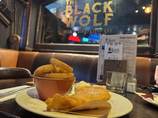 Fish & onion rings (substituted for chips) at the Black Wolf pub.