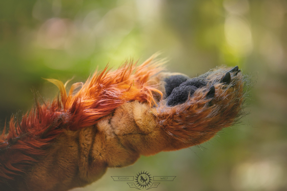 Close up photo (side view) of a canine fursuiter's hand paw, held out with pawpad and paw digits facing upward.