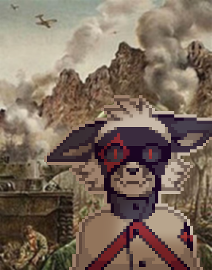 A pixel drawing of the thousand yard stare with an anthropomorphic fox.