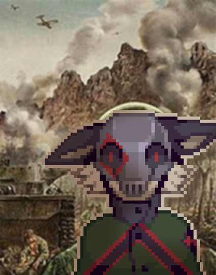 A pixel drawing of the thousand yard stare with an anthropomorphic fox wearing a helmet.