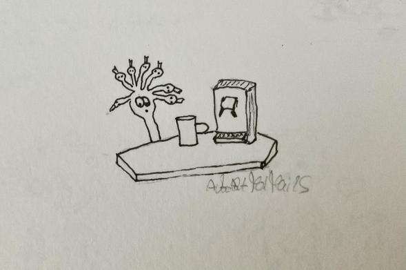 A simple line drawing depicting a surreal scene with an abstract creature featuring multiple arms, each with a small face. The creature stands beside a table with a mug and a boxy object resembling a computer or device.