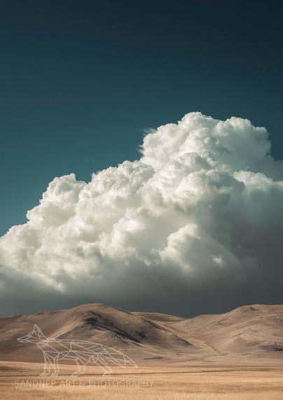 A wide, open landscape on the Bass Coast, featuring dry golden grasslands and smooth, gently rolling hills under an enormous cumulus cloud formation. The cloud rises like a towering sculpture of light and vapor, with dramatic depth and soft, billowing textures against a deep teal sky. The contrast between the warm tones of the earth and the cool, expansive sky gives the scene a surreal, cinematic feel.