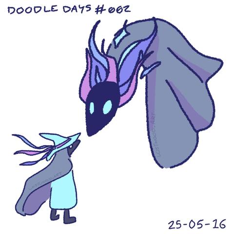 A simple drawing of a large, ghost-like creature and a small humanoid witch. The creature's body is made of grey cloth. It has a dark, bird-like head and is bent over to look at the witch. There are pink, purple, and blue flames coming off of the creature's head. The witch is dressed to match the creature, wearing a bird-like mask, a grey cloak, and a bright blue dress and hat that match the blue of the creature's fire. There are a few pink and purple ribbons tied around the witch's hat to mimic the creature's fire. 
Text at the top reads "Doodle days #002" and text at the bottom dates the drawing to 25-05-16.