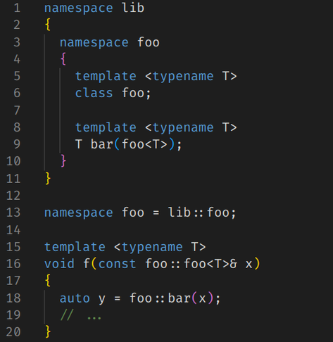 namespace lib
{
  namespace foo
  {
    template <typename T>
    class foo;

    template <typename T>
    T bar(foo<T>);
  }
}

namespace foo = lib::foo;

template <typename T>
void f(const foo::foo<T>& x)
{
  auto y = foo::bar(x);
  // ...
}