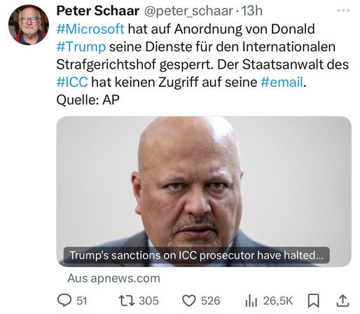 Post von Peter Schaar: #Microsoft hat auf Anordnung von Donald #Trump seine Dienste für den Internationalen Strafgerichtshof gesperrt. Der Staatsanwalt des #ICC hat keinen Zugriff auf seine #email. Quelle: AP