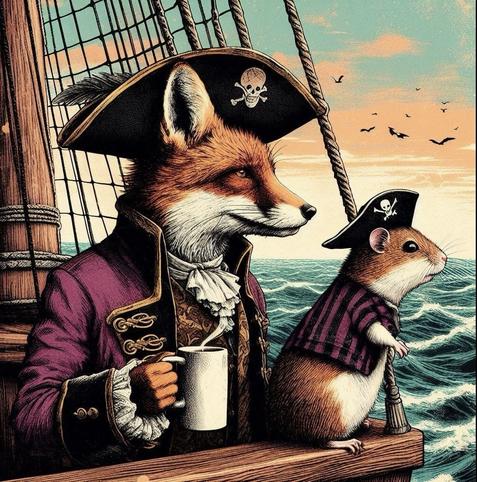 KI-Bild (DALL•E3):

Fritzefuchs in bordeauxfarbener Piratenuniform mit Kaffee und Hamster Holly an der Reling. Beide schauen aufs Meer. Fritz passt auf, dass Holly nicht hineinplumpst und erklärt dem Hamster ein paar wichtige Dinge zum Segeln und Piratieren!
