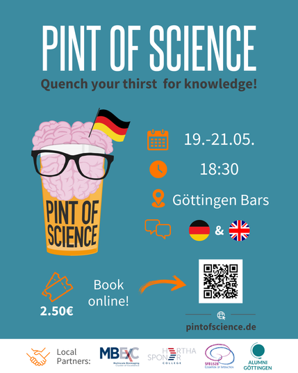 Poster for PINT OF SCIENCE - Quench your thirst for knowledge! 19-21 May in Göttingen.