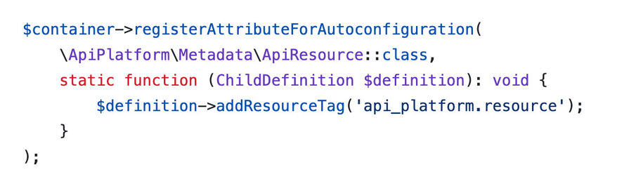 PHP code showing usage of addResourceTag method for ApiResource attribute.