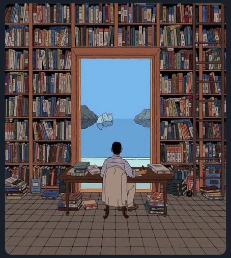 Ein Mann sitzt allein an einem Schreibtisch, umgeben von Tausenden Büchern, die bis zur Decke reichen. Die gesamte Rückwand besteht aus Regalreihen – nur in der Mitte öffnet sich ein großes Fenster. Durch dieses Fenster blickt er auf eine stille, blaue Wasserfläche mit vereinzelten Felsen – eine ruhige, fast meditative Szene.

Das Bild wirkt wie eine visuelle Metapher: Der Mensch betrachtet die Welt nicht direkt, sondern durch den Rahmen seines Wissens. Die Bücher stehen sinnbildlich für das gesammelte Denken, für historische Tiefe, geistige Weite, Perspektivenvielfalt. Der Blick durch das Fenster wird zum inneren Blick – geformt durch die Fülle an Gelesenem, Reflektiertem, Verarbeitetem.

Kontextuell transportiert das Bild die Botschaft:
Wissen ist nicht nur Ansammlung, sondern Linse.
Wer viel versteht, sieht anders – tiefer, klarer, manchmal auch schwerer.
Doch der Horizont weitet sich still.🖖