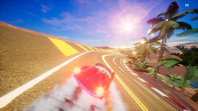 Screenshot of the arcade racing game Street Hornets, showing a shiny red car drifting through a banked sweeping curve through palm trees heading into the sun surrounded by blue skies, showcasing Unreal Engine 5's lighting and real-time rendering.