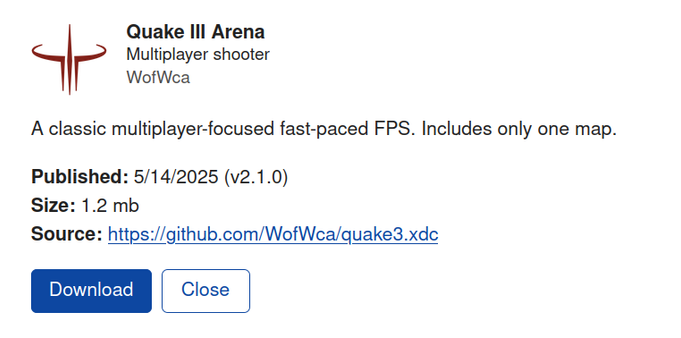 screenshot of Quake app at https://webxdc.org/apps/#wofwca-quake3