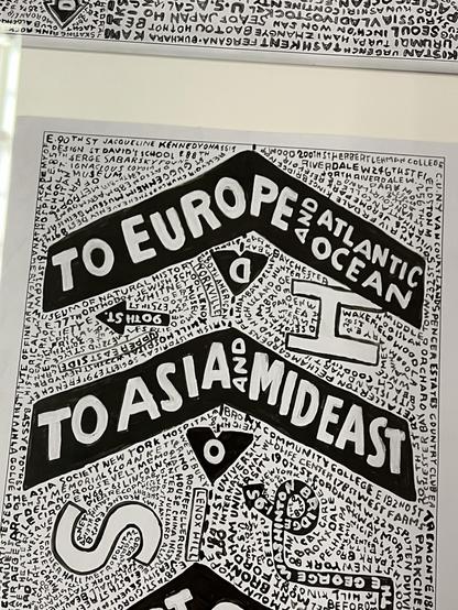 An artistic black-and-white collage featuring directional signs that read "TO EUROPE and ATLANTIC OCEAN" and "TO ASIA and MIDEAST." The background includes handwritten text and various names, likely representing places or landmarks.