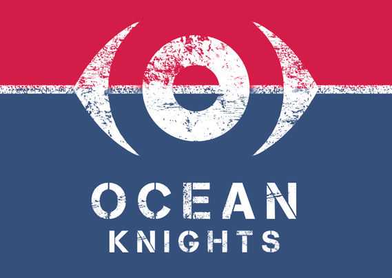 Flag with a red and a blue stripe seperated by a small white stripe. On the white stripe is a filled out circle with a smaller circle cut out. "Ocean Knights" is written below.