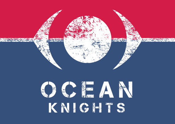 Flag with a red and a blue stripe seperated by a small white stripe. On the white stripe is a filled out circle. "Ocean Knights" is written below.