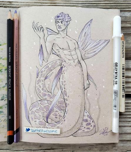 A photo of a sketchbook with tanned paper and a drawing of a muscular merman with a long purple-spotted tail with various fins with purple accents. He has one arm raised showing off his clawed fingers, with short curly purple hair. White bubbles made with gel pen and seagrass drawn with pencil are around him as subtle background elements. Most of the work has light shading and highlights. Next to the artwork are the tools used to make the piece.
