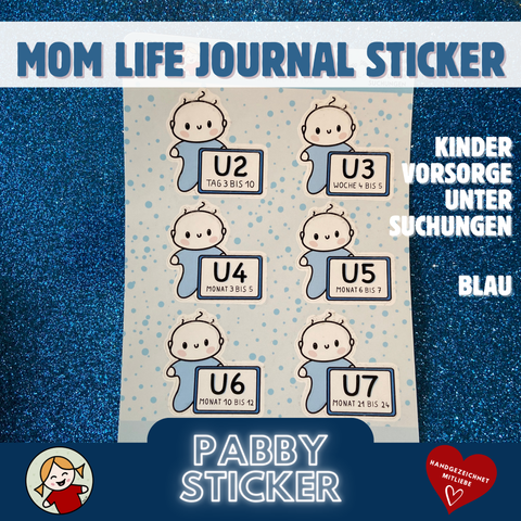 Handgezeichneter Doodle-Stickerbogen A6, mit 6  Aufklebern: BABYS mit blauem Strampler, die Schilder mit Nummer und Zeitraum der Vorsorgeuntersuchungen halten. MOM LIFE Planersticker.