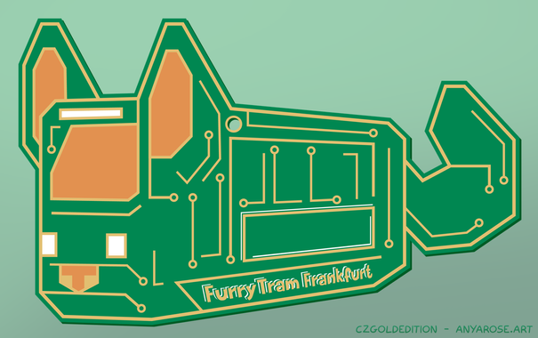 Vector design of a tram made into a lil furry creature with ears, eyes, a nose, and a tail, in the style of a printed circuit board (PCB). Text near the bottom reads "FurryTram Frankfurt", and a box above that has been left to accommodate names.
