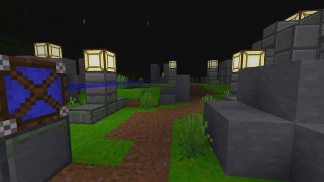 A dirt path along stone ruins with lanterns and a blue laser at a foggy, rainy night.