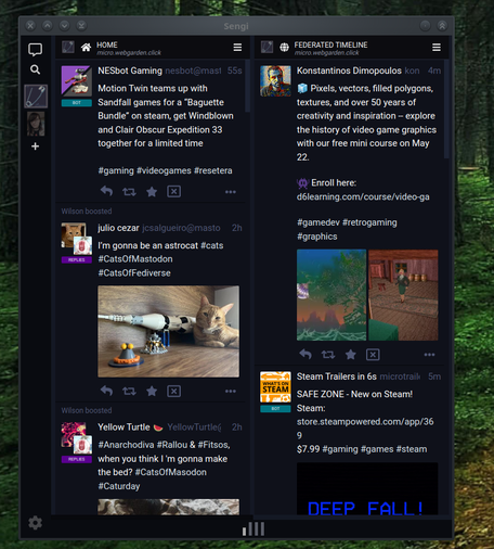 Screenshot of my desktop Fedi client, showcasing a multi-column timeline layout.