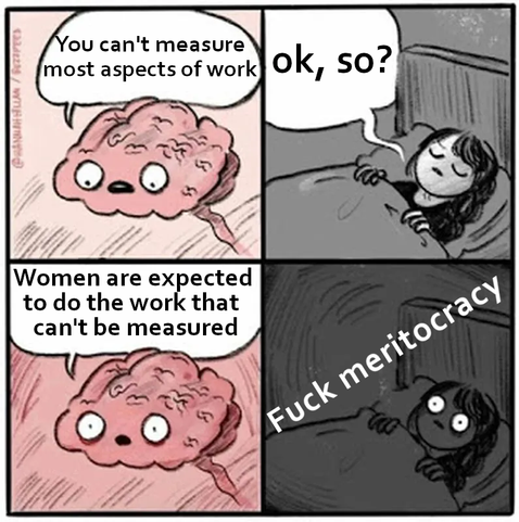 A 4 panel meme featuring a person with long hair asleep in bed and alternating panels with a brain talking to her. In the first the brain says "you can’t measure most aspects of work". In the next she says "ok, so?" in response. In the third, the brain says “women are expected to do the work that can’t be measured". In the fourth she is shown with her eyes wide open, awake in bed with white text saying “fuck meritocracy.