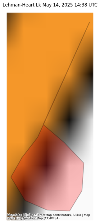 Visual map representation of the Lehman-Heart Lk wildfire, showing the perimeters of the 0.02150394732683879 acre fire on a map.