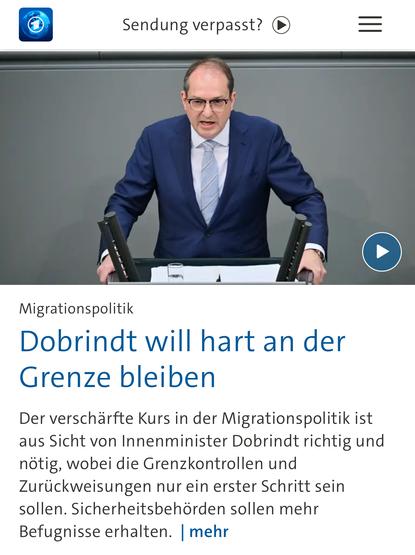 Sendung verpasst?
Migrationspolitik
Dobrindt will hart an der Grenze bleiben
Der verschärfte Kurs in der Migrationspolitik ist aus Sicht von Innenminister Dobrindt richtig und nötig, wobei die Grenzkontrollen und Zurückweisungen nur ein erster Schritt sein sollen. Sicherheitsbehörden sollen mehr Befugnisse erhalten. | mehr🖖
