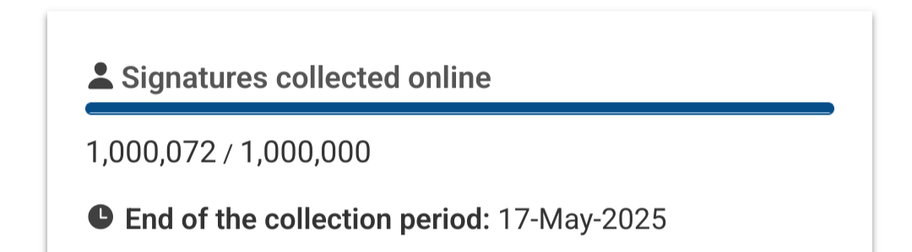 screenshot: 1,000,072 of 1,000,000 signatures collected online