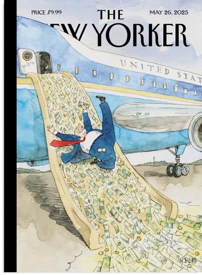 Bildbeschreibung (Kontext: Politische Satire – The New Yorker, Mai 2025):

Die Karikatur auf dem Titelbild des New Yorker vom 26. Mai 2025 zeigt eine überzeichnete Figur, die eindeutig an Donald Trump erinnert, wie sie aus einem Flugzeug rutscht – offenbar der „Air Force One“. Der Notrutschenausgang wurde dabei satirisch durch einen Strom aus Geldscheinen ersetzt. Die Figur gleitet breit grinsend den Geldfluss hinunter, mit ausgebreiteten Armen, einem offenstehenden Anzug und flatternder roter Krawatte – Symbol für Maßlosigkeit, Machtgier und politische Selbstbedienung.

Die Szene parodiert Trumps Beziehung zu Geld, Macht und politischem Amt. Das Bild spielt mit der Vorstellung, dass politisches Amt – insbesondere die US-Präsidentschaft – als Mittel zur persönlichen Bereicherung missbraucht wird. Der Notausgang über die Geldrutsche wird zum Symbol für einen spektakulären, giergetriebenen Abgang.

Subtext:
Eine Abrechnung mit Korruption, Dekadenz und einem System, in dem Populismus, Macht und Geld in gefährlicher Nähe zueinander stehen.🖖