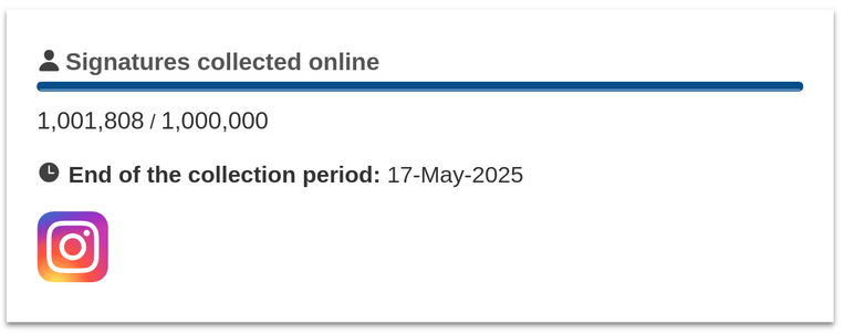 screenshot from the ECI page for the petition to ban conversion therapy, showing 1001808 signatures of the 1000000 needed, with the end of the collection period being 2025-05-17 (tomorrow at the time of writing)
