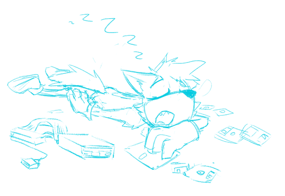 drawing of an anthro weasel passed out on the floor surrounded by various floppy media and drives