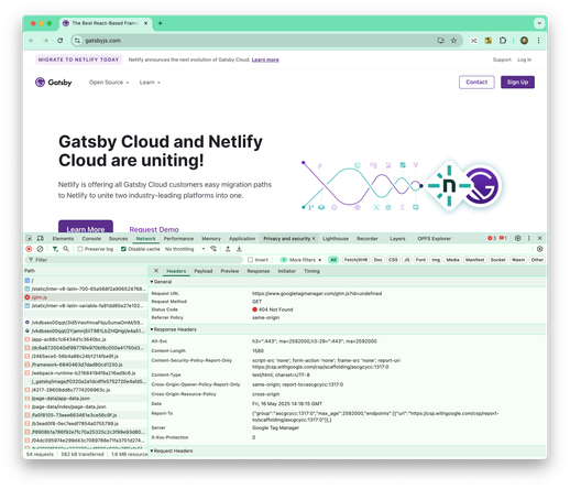 Screenshot of gatsbyjs.com with devtools open, showing a 404 on /gtm.js