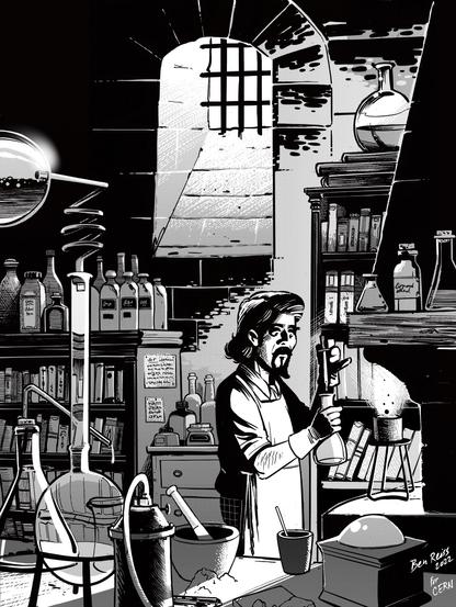 Illustration by French graphic novelist Benjamin Reiss, inspired by his visit to CERN in July 2022. The drawing shows a modern scientist working in a dungeon-like alchemical lab. Reiss was inspired by CERN's ability to fulfil the medieval alchemists' dream of changing one element into another. He left the drawing as a souvenir of his visit.