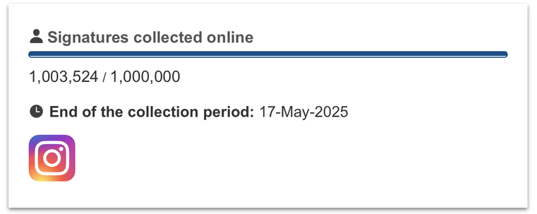 At 16:24 CEST we are at 1.003.524 signatures collected online. That is above the official minimum of 1 million and we still have 30+ hours to go.